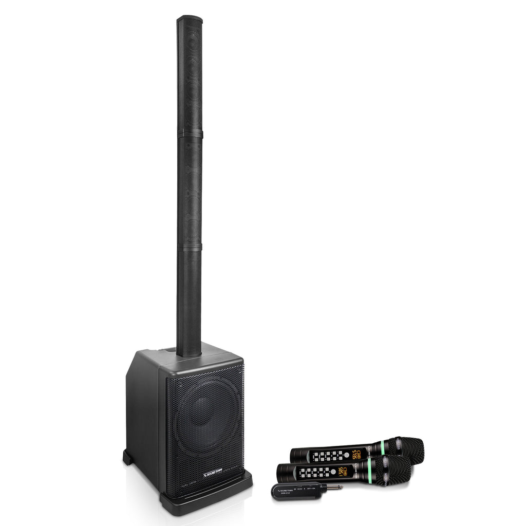Sound Town CARPO-L2SWM01 Portable PA/DJ System w/ 12" Powered Subwoofer, 8 x 3" Column Speaker and Two UHF Wireless Microphones