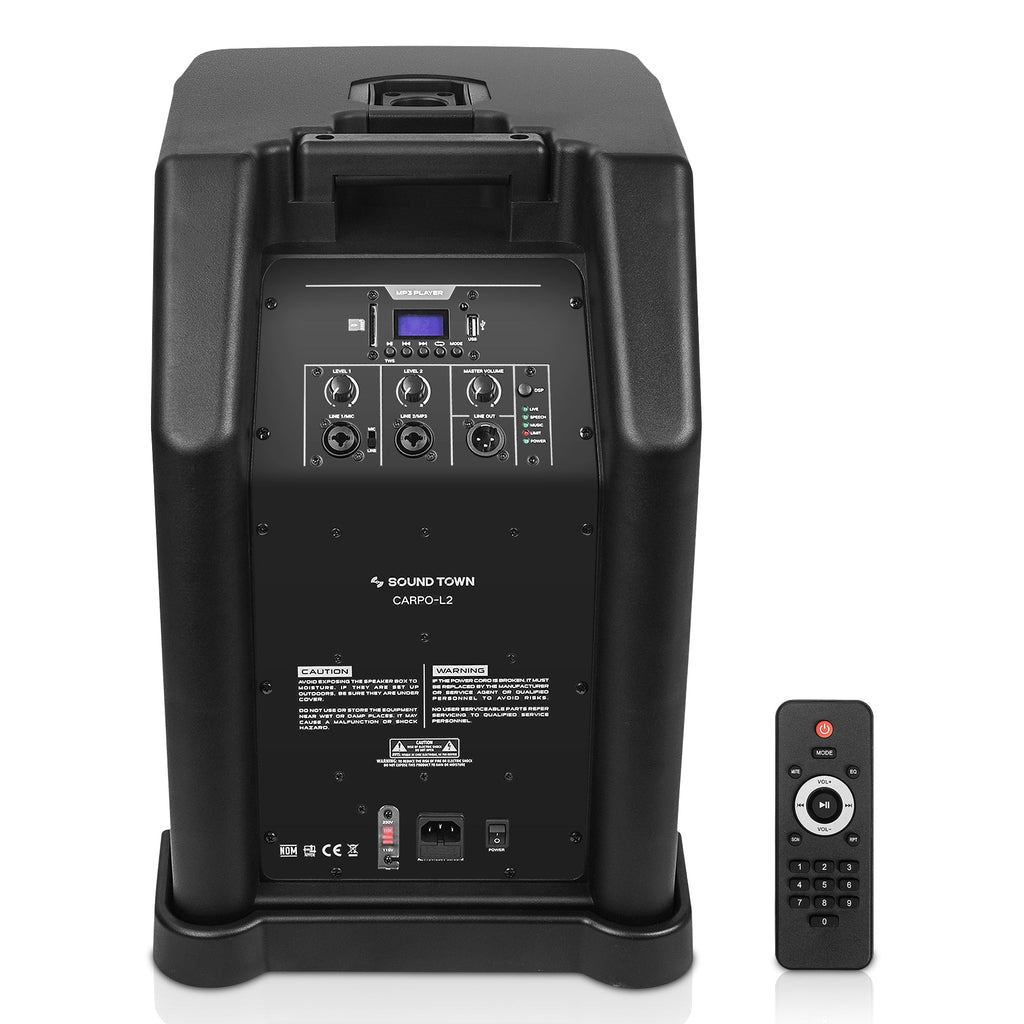 Sound Town CARPO-L2-R Portable Line Array Column PA/DJ System w/ 400W RMS, 12" Powered Subwoofer, 2 x Column Speakers, 1 x Spacer, TWS Bluetooth, 2-Channel Mixer, DSP, Carry Bag, Refurbished - Back Panel & Remote