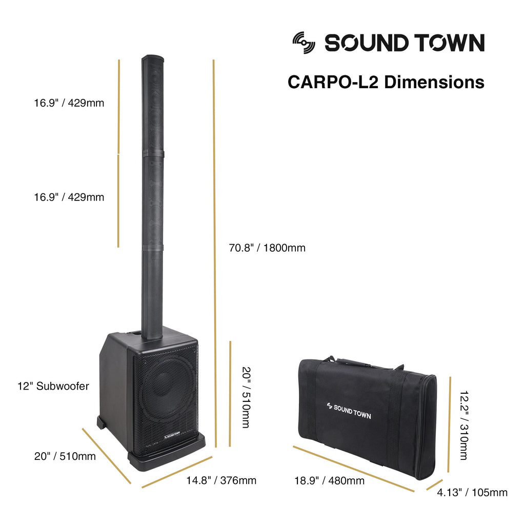 Sound Town CARPO-L2-R Portable Line Array Column PA/DJ System w/ 400W RMS, 12" Powered Subwoofer, 2 x Column Speakers, 1 x Spacer, TWS Bluetooth, 2-Channel Mixer, DSP, Carry Bag, Refurbished - Size and Dimensions