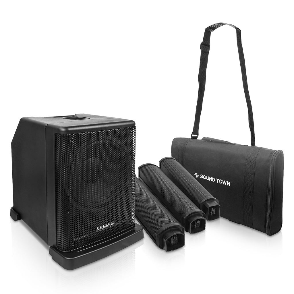 Sound Town CARPO-L2-R Portable Line Array Column PA/DJ System w/ 400W RMS, 12" Powered Subwoofer, 2 x Column Speakers, 1 x Spacer, TWS Bluetooth, 2-Channel Mixer, DSP, Carry Bag, Refurbished - Easy to Transport