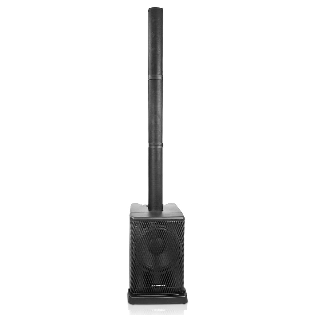 Sound Town CARPO-L2-R Portable Line Array Column PA/DJ System w/ 400W RMS, 12" Powered Subwoofer, 2 x Column Speakers, 1 x Spacer, TWS Bluetooth, 2-Channel Mixer, DSP, Carry Bag, Refurbished - Front Panel