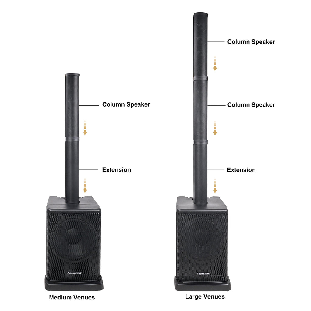 Sound Town CARPO-L2-R Portable Line Array Column PA/DJ System w/ 400W RMS, 12" Powered Subwoofer, 2 x Column Speakers, 1 x Spacer, TWS Bluetooth, 2-Channel Mixer, DSP, Carry Bag, Refurbished - Small, Medium Venues