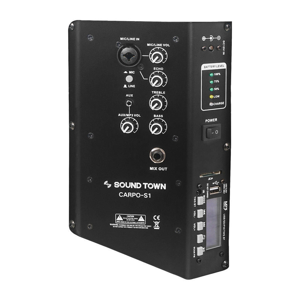 Sound Town CARPO-S1 Multi-position All-in-One Portable Powered PA System with TWS Bluetooth, Rechargeable Battery - AMP Module
