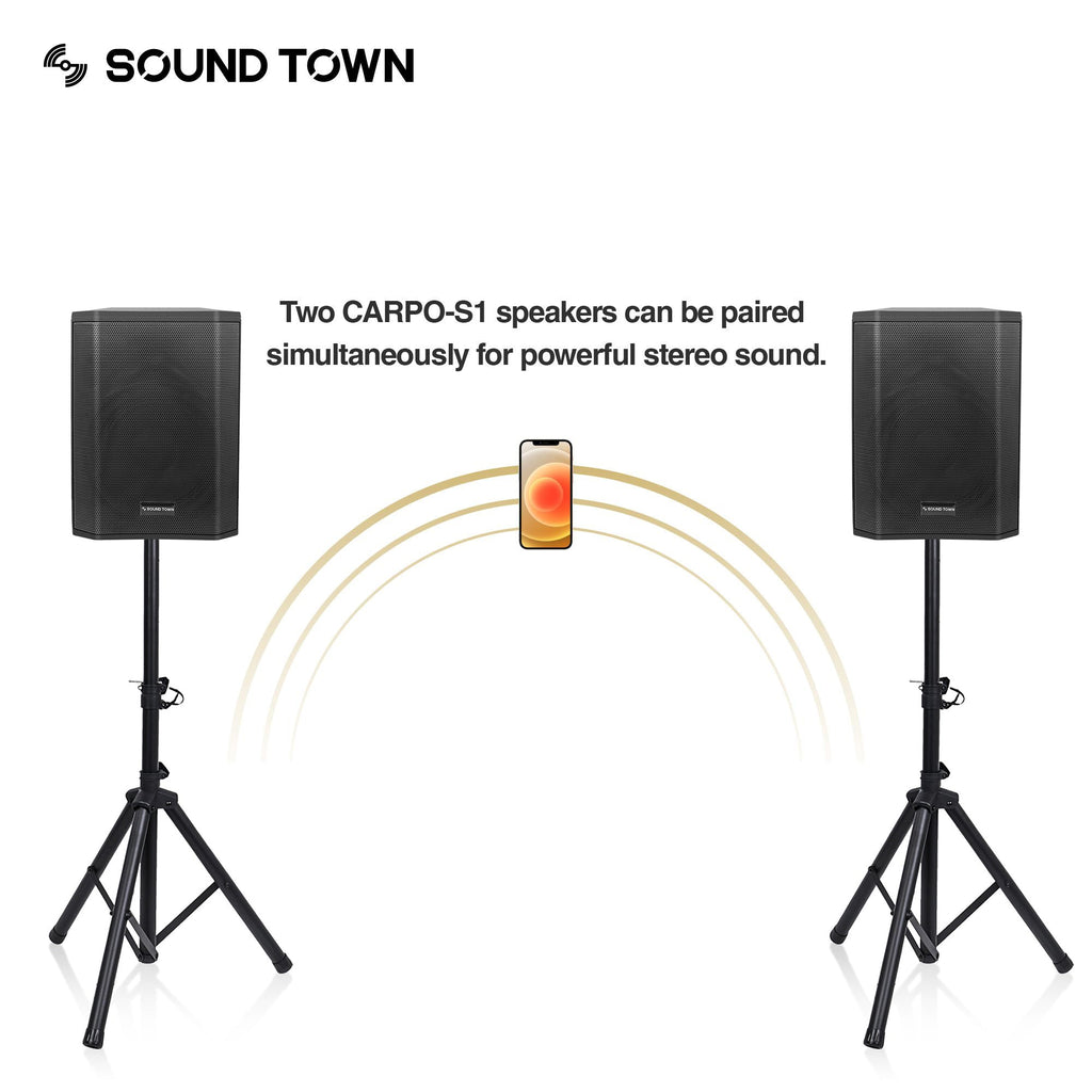 Sound Town CARPO-S1-R Multi-position All-in-one Powered PA System with TWS Bluetooth, Rechargeable Battery, Refurbished - Pair 2 Devices Simultaneously