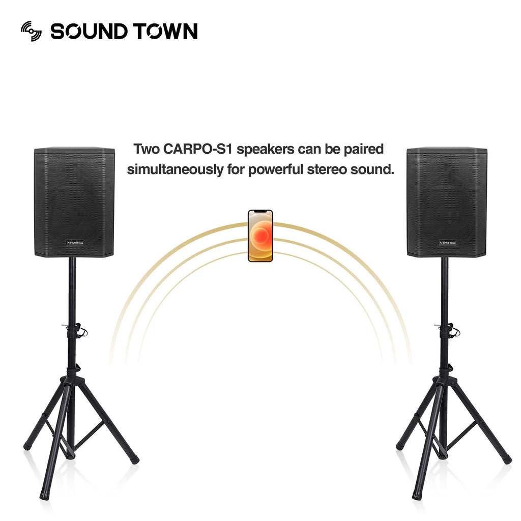 Sound Town CARPO-S1 Multi-position All-in-one Powered PA System with TWS Bluetooth, Rechargeable Battery - Pair 2 Devices Simultaneously