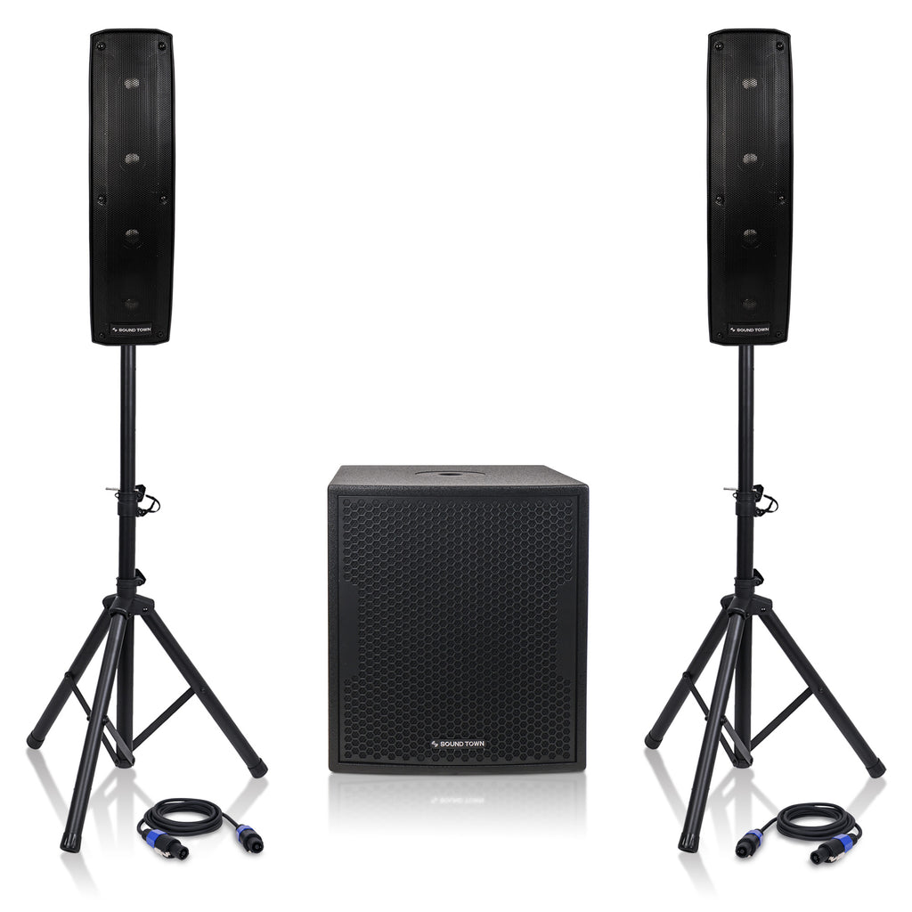 Sound Town CARPO-V412DS CARPO Series Column Speaker and Subwoofer PA System with Two Passive Column Speakers, One 12” Powered Subwoofer, Two Speaker Stands and Speakon to Speakon Cables