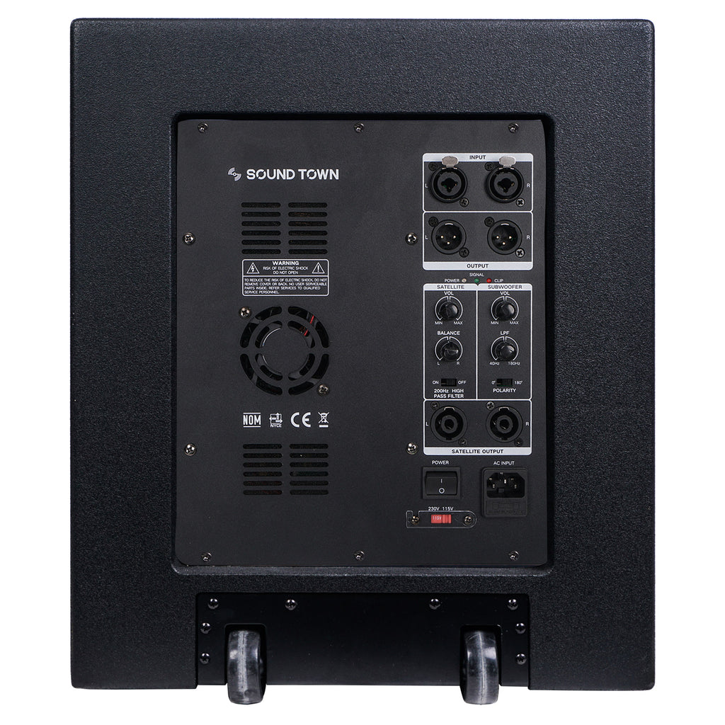 Sound Town CARPO-V415SPW 1600W 15" Powered Subwoofer with 2 Speaker Outputs, Plywood Enclosure and 2 Wheels, Black - Back Panel Input and Outputs