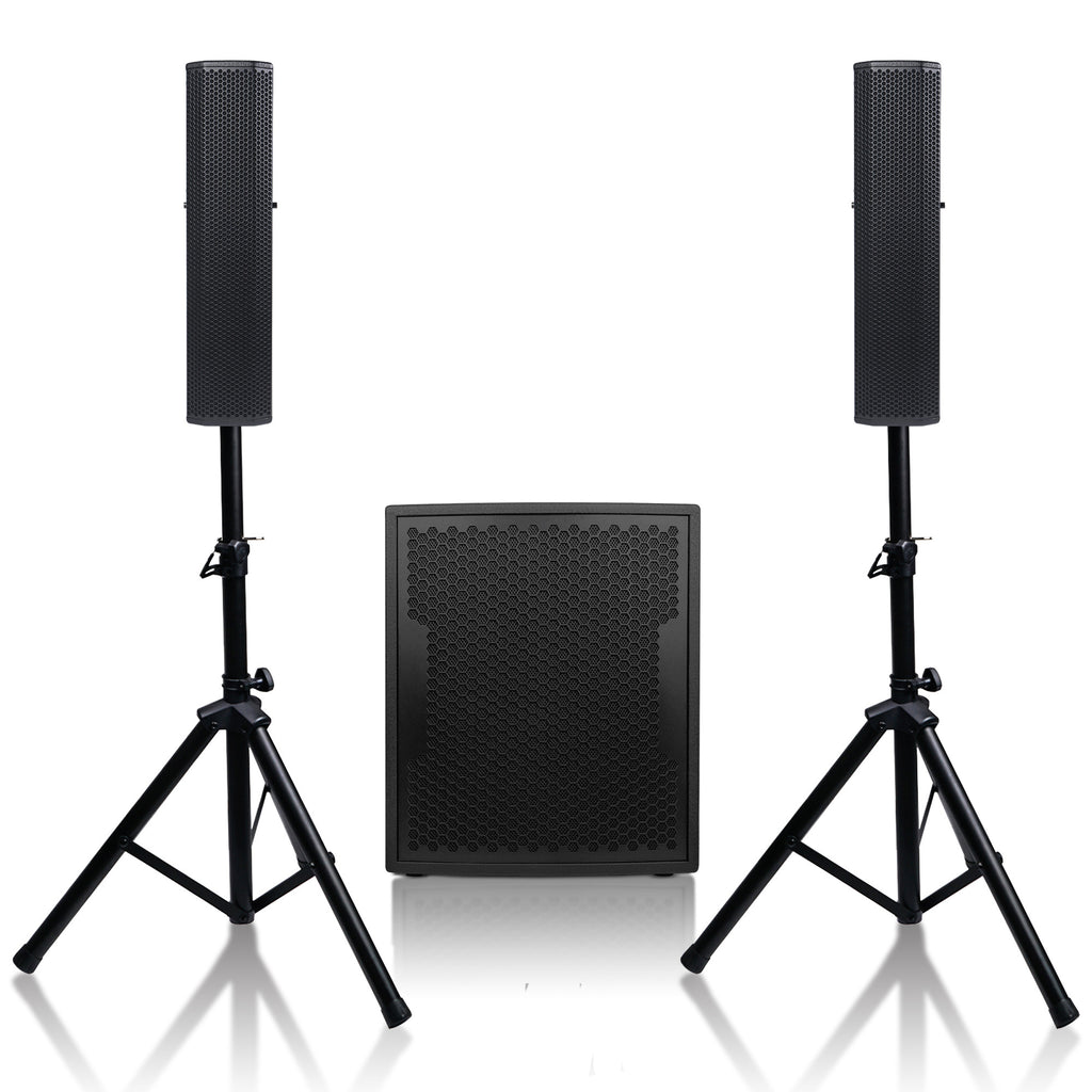 Sound Town CARPO-V5B15 | Powered PA System with 15" 1600W Subwoofer and CARPO-V5B Column Array Loudspeakers, Two Adjustable Tripod Stands, Birch Plywood, Black