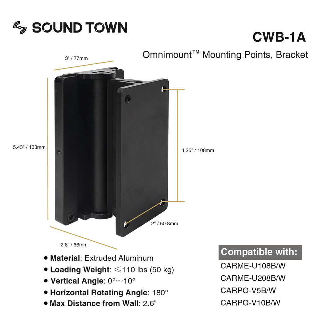 Sound Town CWB-1A-PAIR 2-Pack Universal Speaker Wall Mount Brackets with Angle Adjustment, 4.25" x 2" Mounting Template, Black - Omnimount Mounting Points, Specifications, Dimensions
