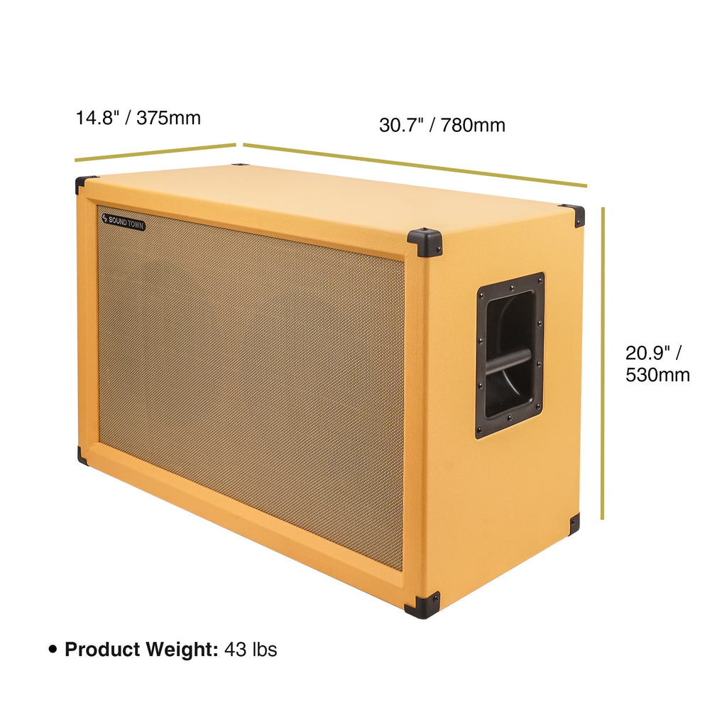 Sound Town GUC212OR-EC-R 2x12" Empty Guitar Speaker Cabinet, Birch Plywood, Orange, Wheat Cloth Grill, Front or Rear Loading, Compatible with Celestion/Eminence Speakers, Refurbished - Dimensions & Weight
