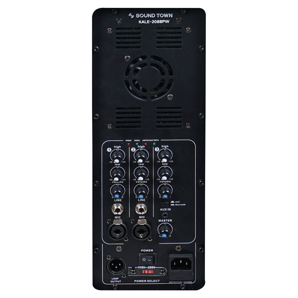 Sound Town KALE-208BCE KALE Series Dual 8" 600W Powered DJ PA Speaker with Bluetooth, Titanium Compression Driver and 3-Channel Mixer, Black - Amp Module
