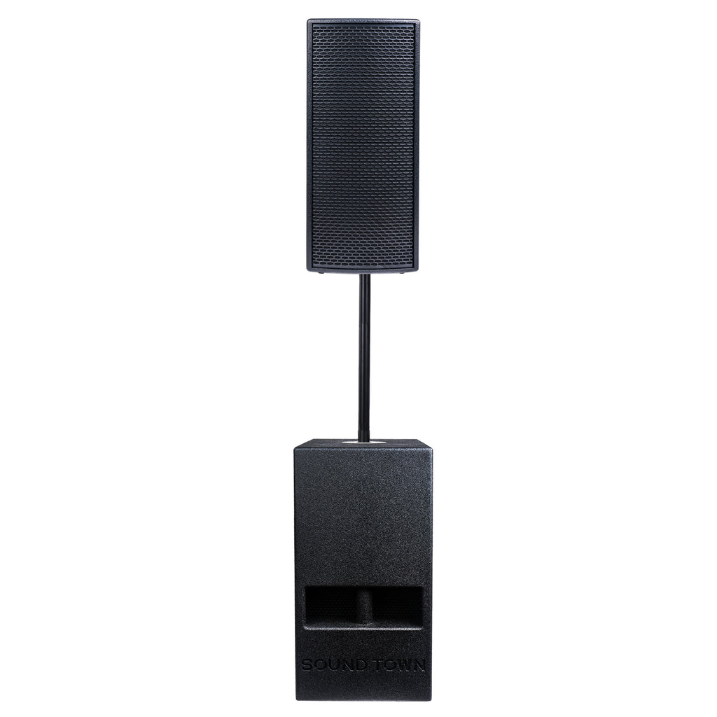 Sound Town KALE-208BCE Powered PA and Subwoofer System with One Dual 8” PA Speaker and One 10” Subwoofer with Folded Horn Design for Solo Performance, Live Sound, Karaoke, Bar, Church, Black