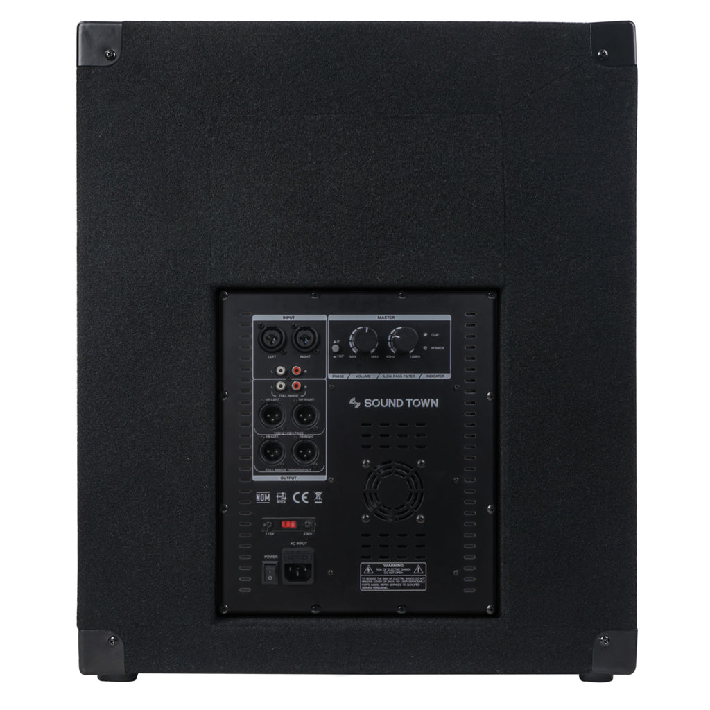 Sound Town METIS-15PWG METIS Series 1800W 15” Powered Subwoofer with Class-D Amplifier, 4-inch Voice Coil, High-Pass Filter - Back Panel