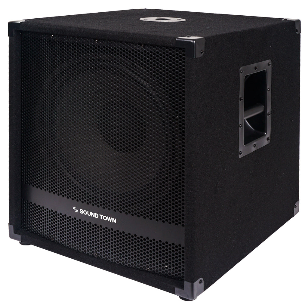 Sound Town METIS-15SPW2.1-PAIR METIS Series 15" 1600W Powered Subwoofers with Speaker Outputs, DJ PA Pro Audio Sub with 4-inch Voice Coil - Left Side Panel with Mounting Socket on Top