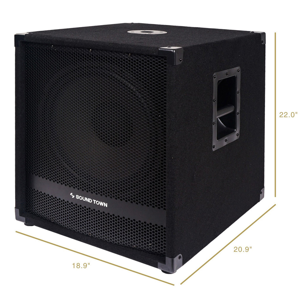 Sound Town METIS-15SPW2.1 METIS Series 15" 1600 Watts Powered Subwoofers with Speaker Outputs, DJ PA Pro Audio Sub with 4-inch Voice Coil - Size and Dimensions