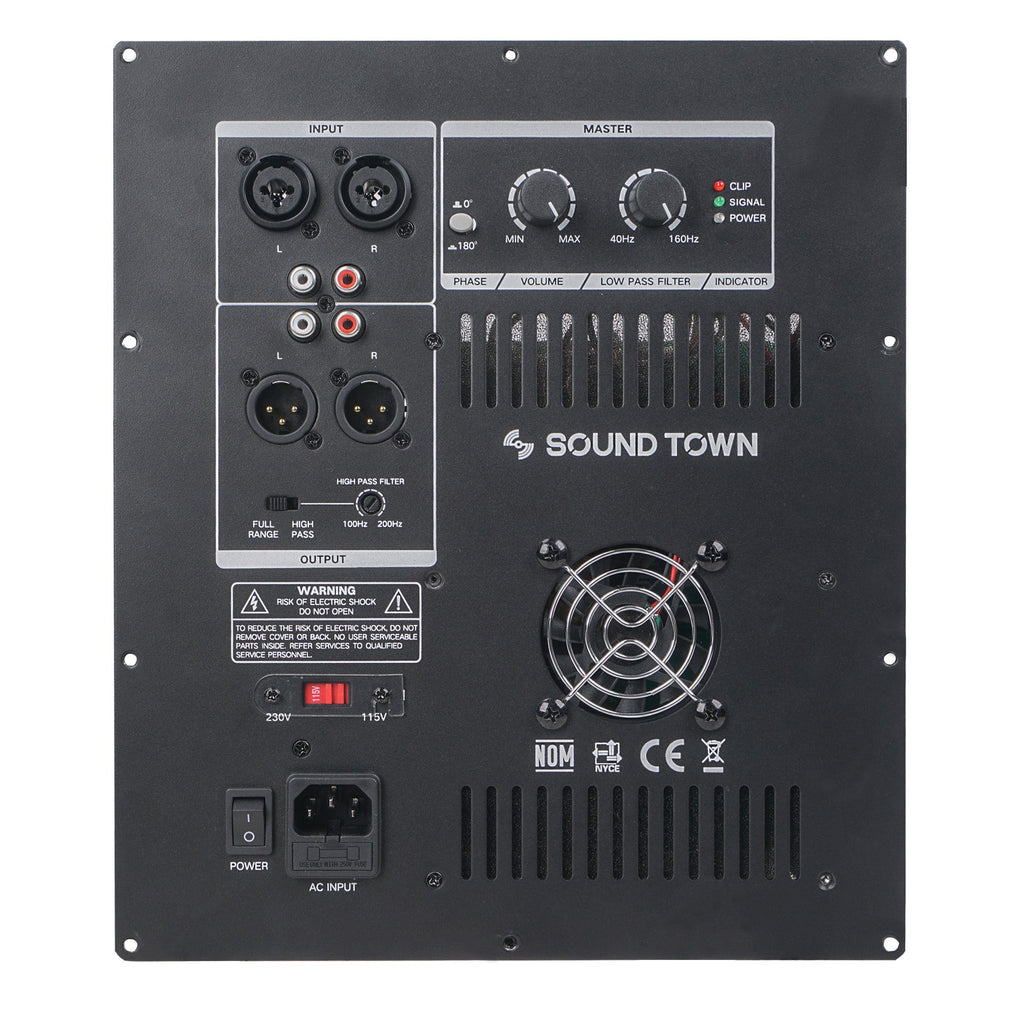Sound Town METIS-18SDPW-R METIS Series 2400 Watts 18 Powered PA DJ Subwoofer with Class-D Amplifier, 4-inch Voice Coil, Refurbished - Back Panel Amp Module, Input, Output, Connectors, Controls