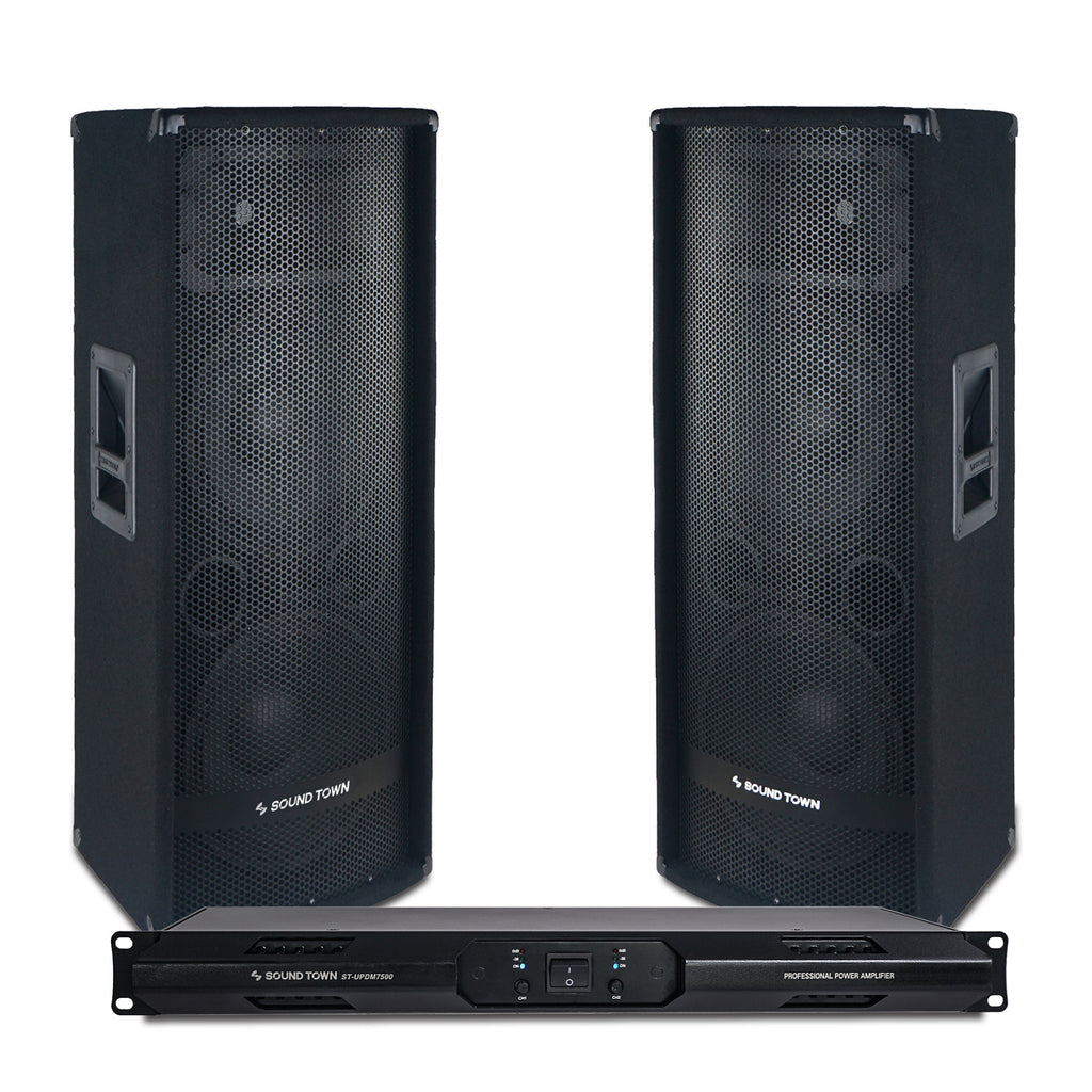Sound Town METIS-212UPDM Professional PA System with Two Dual 12” Passive Speakers and One 2-Channel UPDM Power Amplifier for Live Sound, Karaoke, Bar, Church 