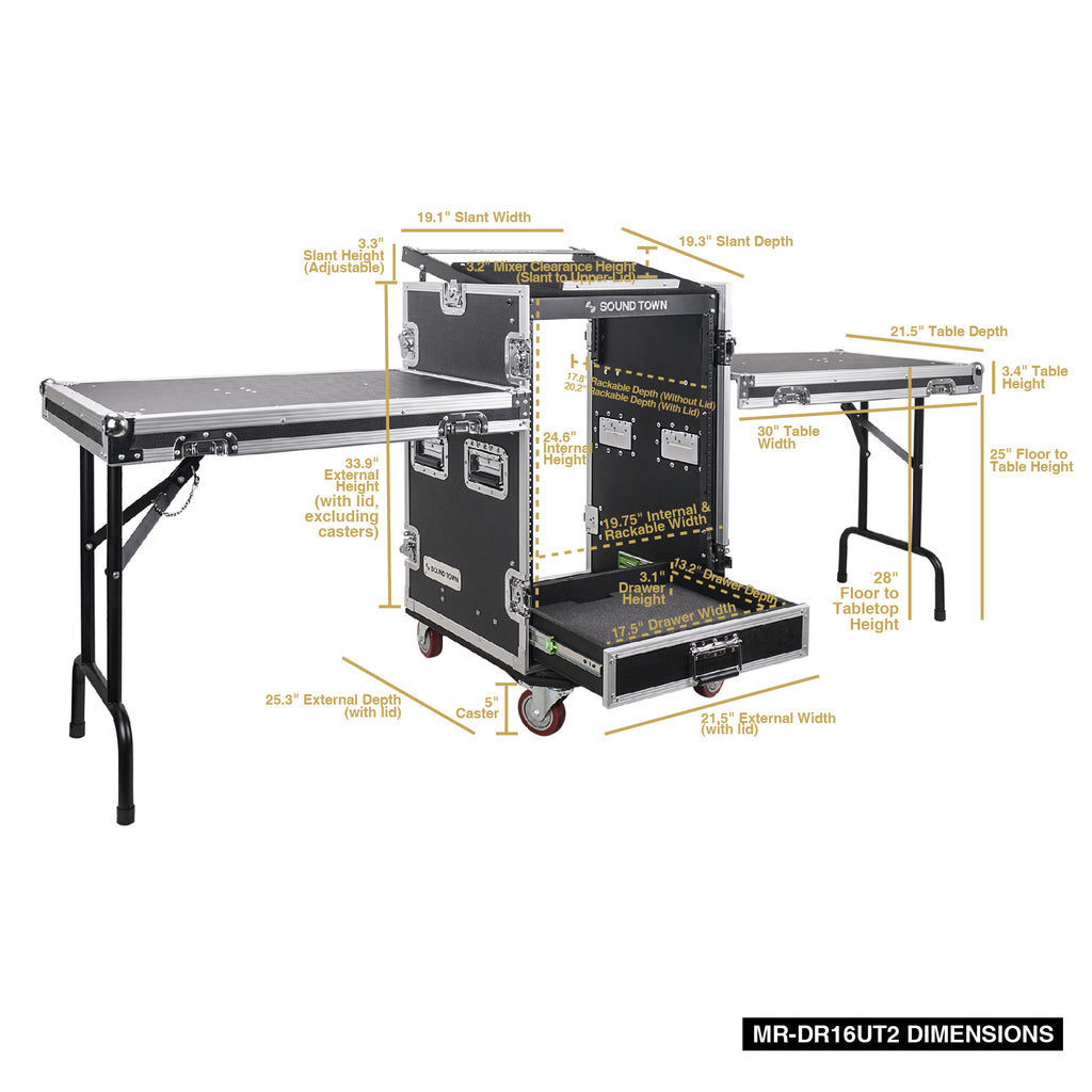 Sound Town MR-DR16UT2 16U PA DJ Pro Audio Rack/Road ATA Case w/ 2U Drawer, 11U Slant Mixer Top, Two DJ Work Tables, Casters, Pro Tour Grade - Internal and External Dimensions