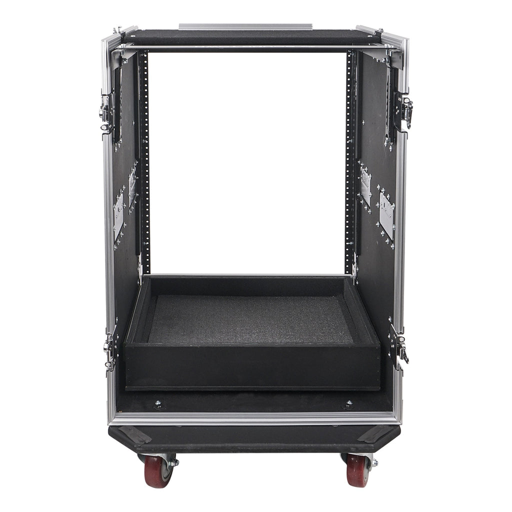 Sound Town MR-DR16UT2-R 16U PA DJ Pro Audio Rack/Road ATA Case w/ 2U Drawer, 11U Slant Mixer Top, Two DJ Work Tables, Casters, Pro Tour Grade, Refurbished - Back View of Flight Case