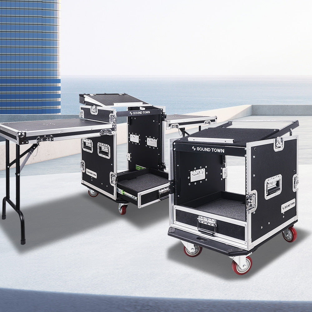 Sound Town MR-DR16UT2-R 16U PA DJ Pro Audio Rack/Road ATA Case w/ 2U Drawer, 11U Slant Mixer Top, Two DJ Work Tables, Casters, Pro Tour Grade, Refurbished - Flight Case