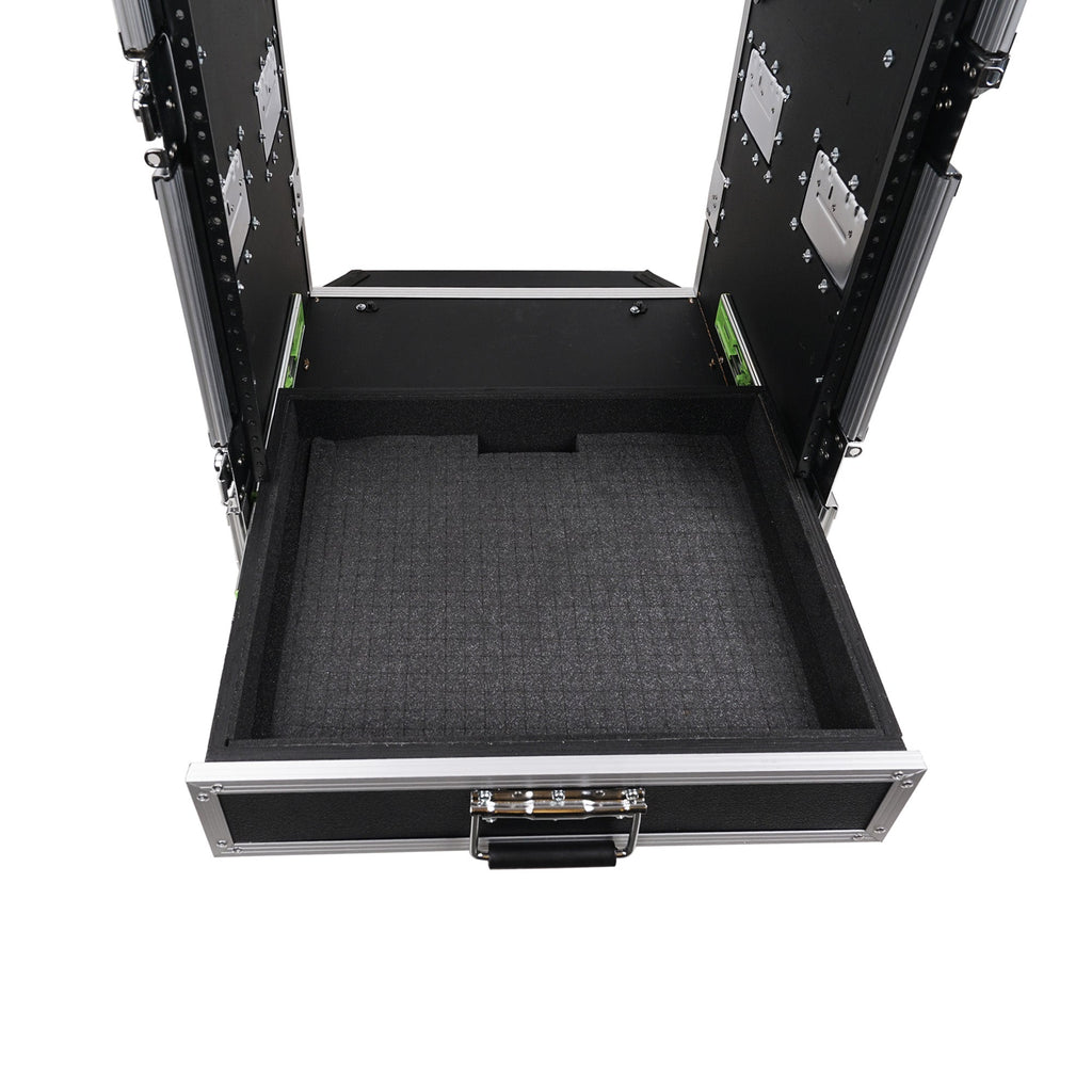 Sound Town MR-DR16UT2-R 16U PA DJ Pro Audio Rack/Road ATA Case w/ 2U Drawer, 11U Slant Mixer Top, Two DJ Work Tables, Casters, Pro Tour Grade, Refurbished - Protection Foam Inside Sliding Pull-Out Drawer