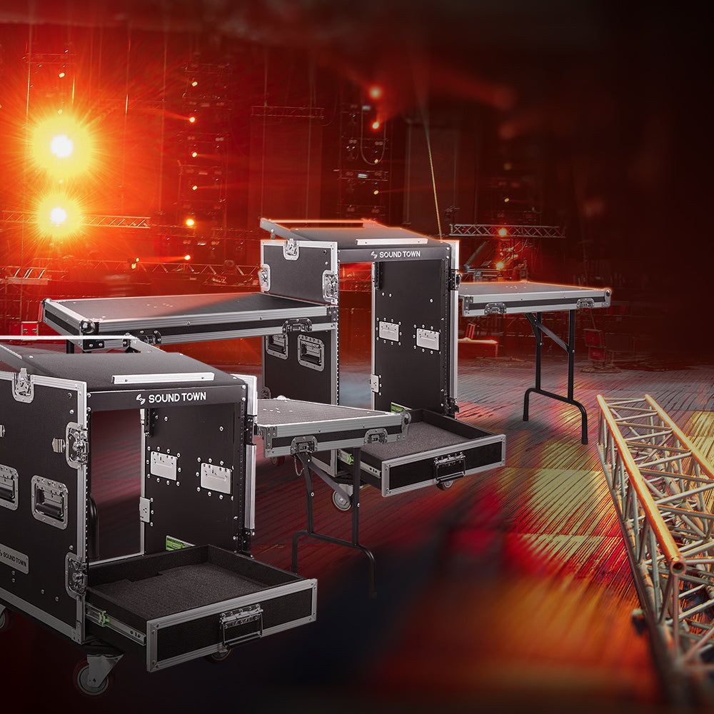 Sound Town MR-DR16UT2-R 16U PA DJ Pro Audio Rack/Road ATA Case w/ 2U Drawer, 11U Slant Mixer Top, Two DJ Work Tables, Casters, Pro Tour Grade, Refurbished - Live Events