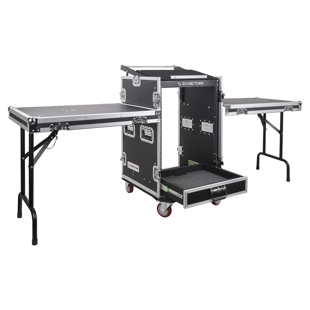 Sound Town MR-DR16UT2-R 16U PA DJ Pro Audio Rack/Road ATA Case w/ 2U Drawer, 11U Slant Mixer Top, Two DJ Work Tables, Casters, Pro Tour Grade, Refurbished - Touring Events
