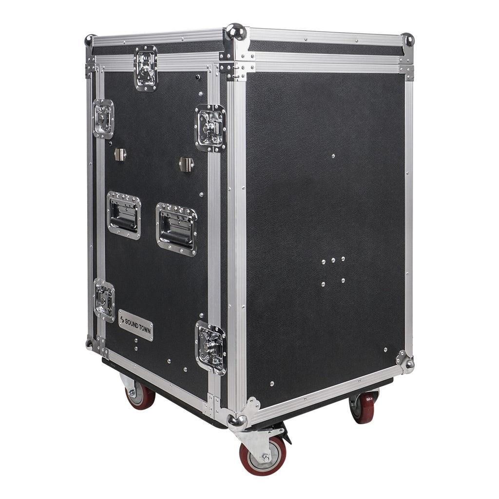 Sound Town MR-DR16UT2-R 16U PA DJ Pro Audio Rack/Road ATA Case w/ 2U Drawer, 11U Slant Mixer Top, Two DJ Work Tables, Casters, Pro Tour Grade, Refurbished - Transportable