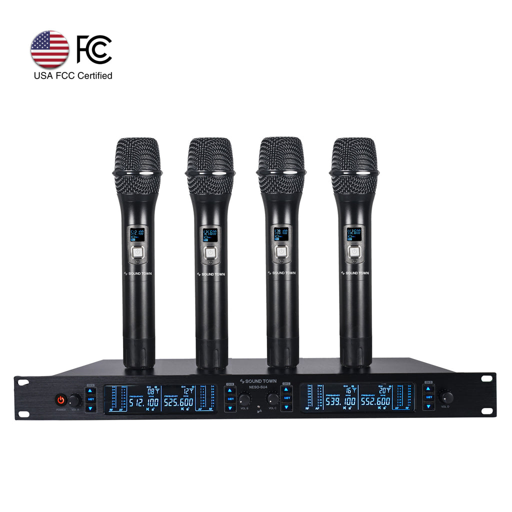 Sound Town NESO-SU4HH NESO Series Metal 200 Channels Metal UHF Wireless Microphone System with Rack Mountable Receiver, 4 Handheld Mics and Auto Scan, for Church, School, Outdoor Wedding, Meeting, Party and Karaoke
