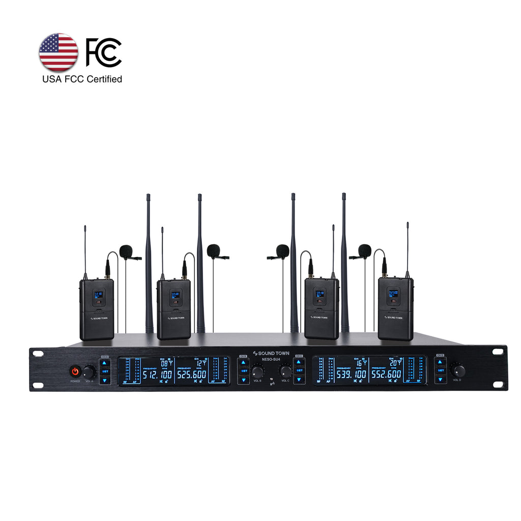 Sound Town NESO-SU4LL 200 Channels Metal UHF Wireless Microphone System with Rack Mountable Metal Receiver and 4 Lavalier Mics with Bodypack Transmitters, for Church, School, Meeting and Karaoke