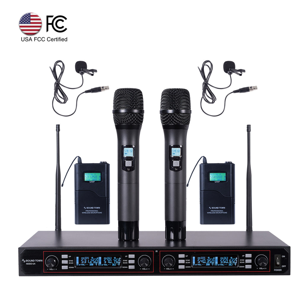 Sound Town NESO-U4HL 200-Channel Rack Mountable Pro UHF Wireless Microphone System w/ Metal Receiver, 2 Handheld Mic, 2 Lavalier Mic, 2 Bodypack Transmitter - USA FCC Certified