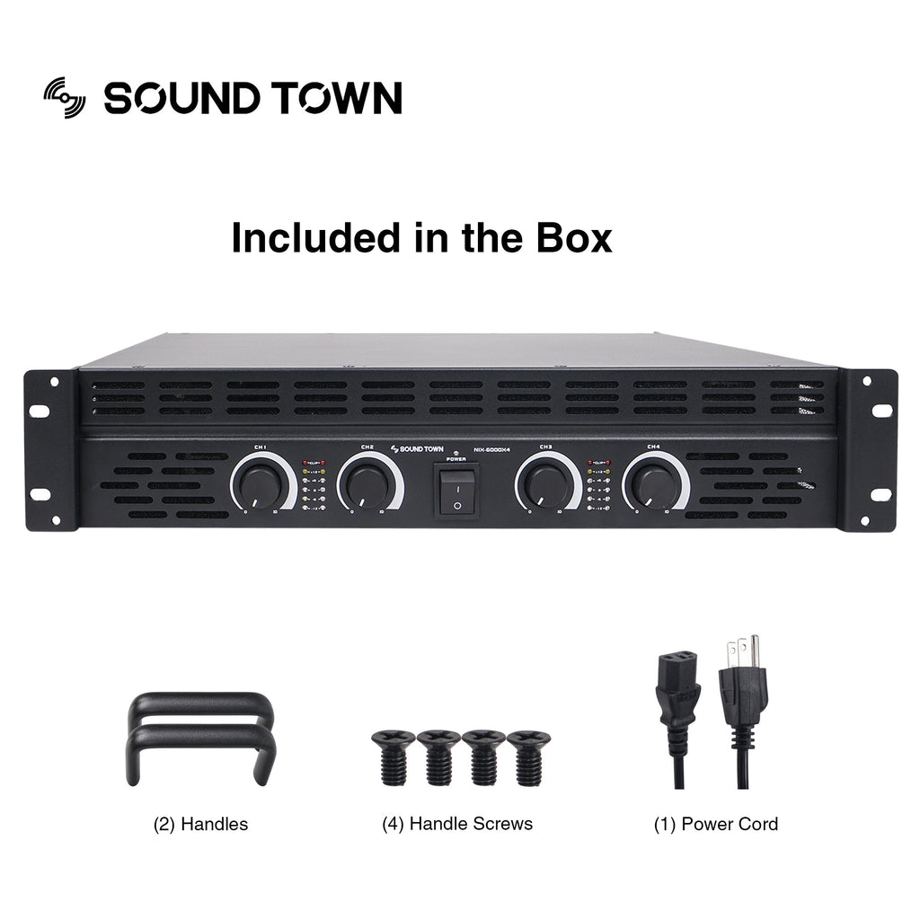 Sound Town NIX-6000X4 4-Channel 4 X 750W at 4-ohm, 6000W Peak Output Professional Power Amplifier - Included in the Box, package contents