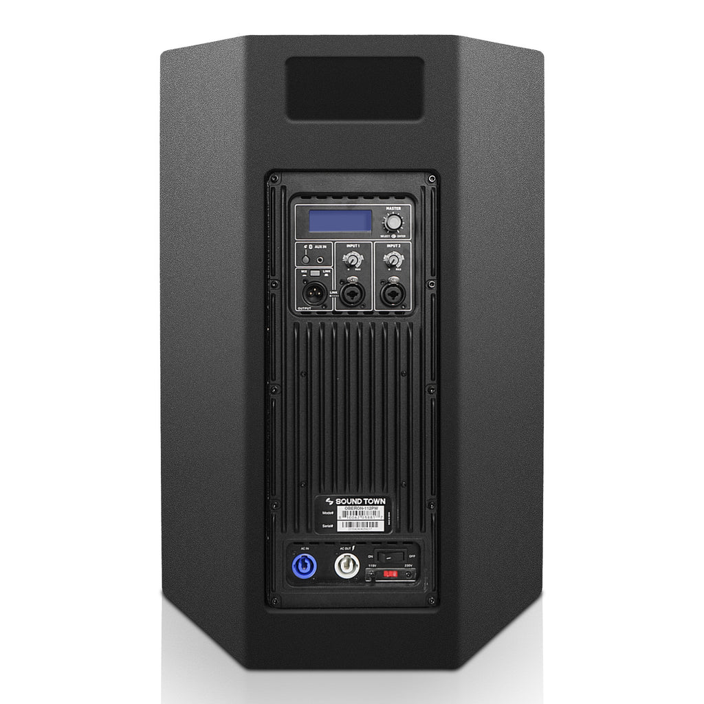 Sound Town OBERON-112PW OBERON Series 12" 1200W Powered PA/DJ Speaker w/ 2-Channel Mixer and Onboard DSP, TWS Bluetooth, Plywood, Black - Back Panel