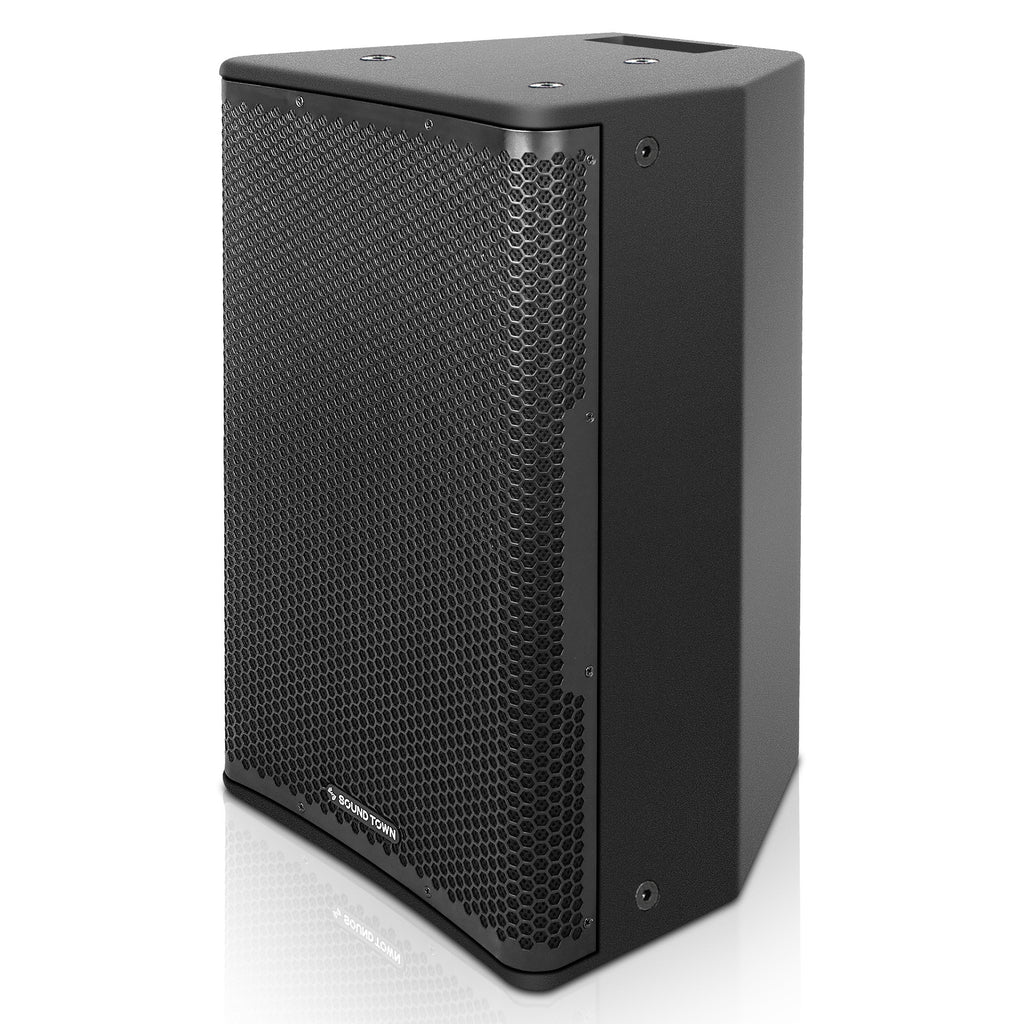 Sound Town OBERON-112PW OBERON Series 12" 1200W Powered PA/DJ Speaker w/ 2-Channel Mixer and Onboard DSP, TWS Bluetooth, Plywood, Black - Left Panel, M8 mounting points for a lifting ring (eye bolt)