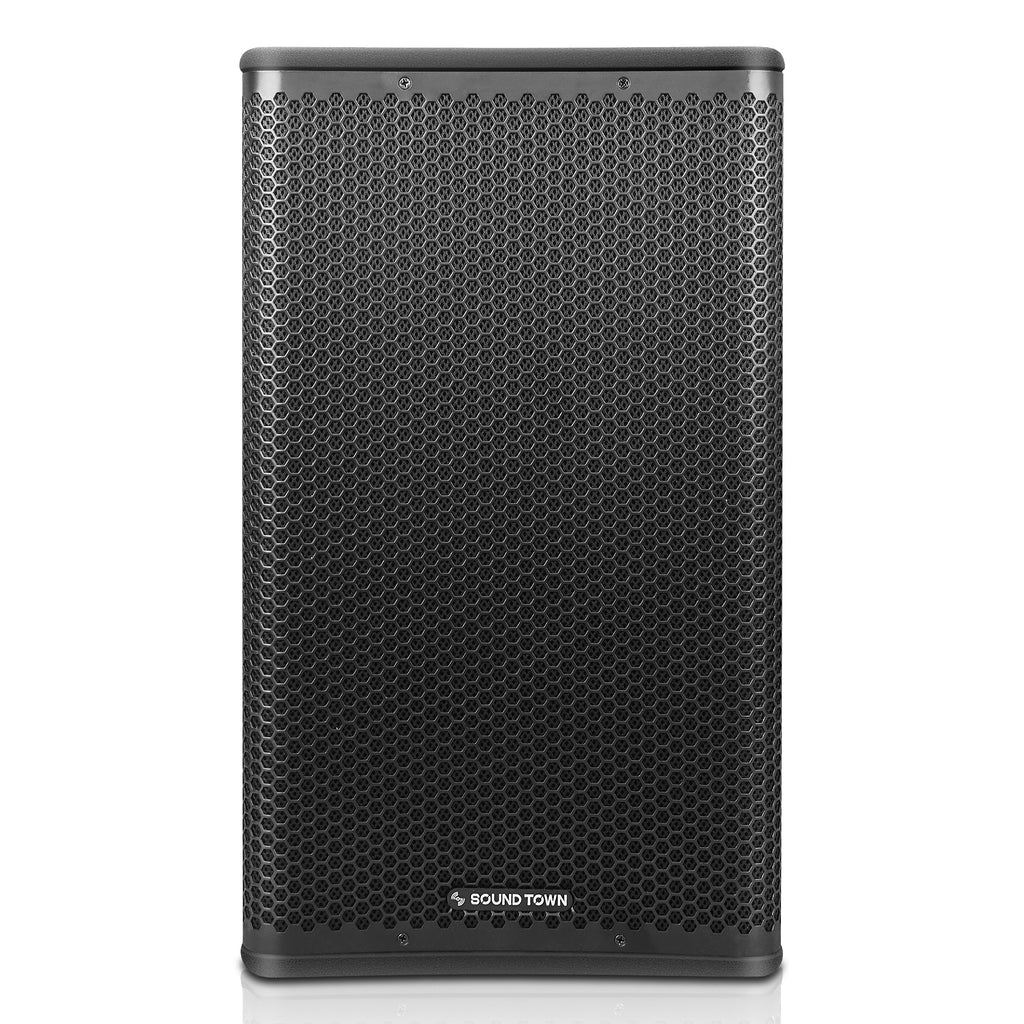 Sound Town OBERON-112PW OBERON Series 12" 1200W Powered PA/DJ Speaker w/ 2-Channel Mixer and Onboard DSP, TWS Bluetooth, Plywood, Black - Front Panel