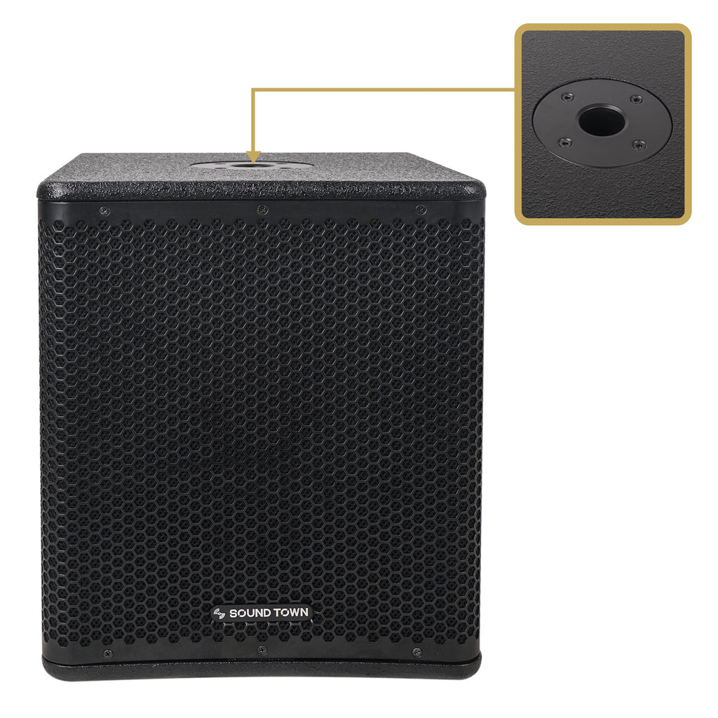 Sound Town OBERON-12SPW-R OBERON Series 12" 800W Powered PA/DJ Subwoofer with Class-D Amplifier, Birch Plywood, Black, Refurbished -  35mm mounting socket on the top