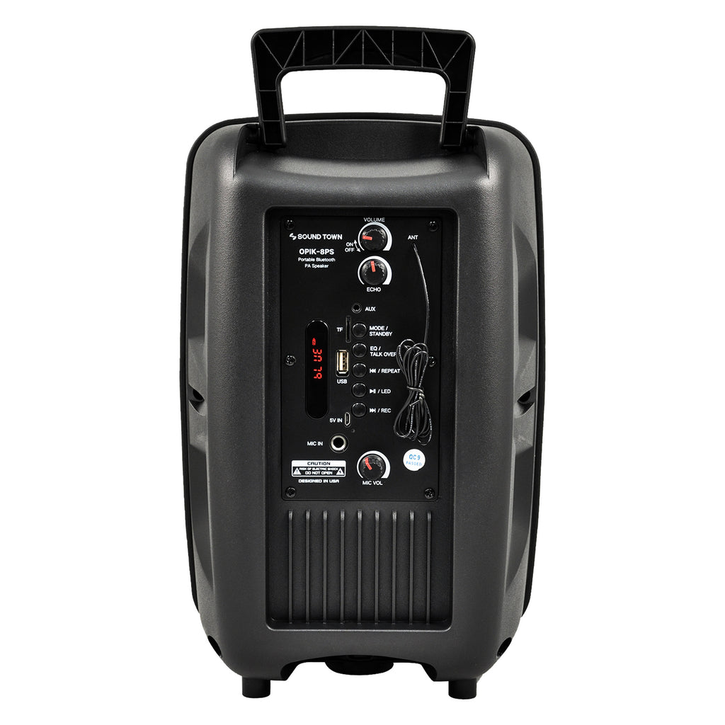 Sound Town OPIK-8PS 8-inch 2-Way Portable PA Speaker with Built-in Rechargeable Battery, 1 Wired Mic, Bluetooth, USB, SD Card Reader - Back Panel
