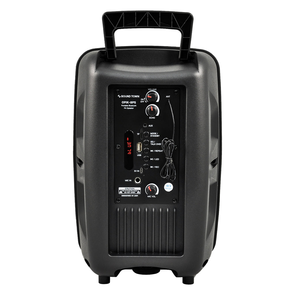 Sound Town OPIK-8PS 8-inch 2-Way Portable PA Speaker with Built-in Rechargeable Battery, 1 Wired Mic, Bluetooth, USB, SD Card Reader - Back Panel