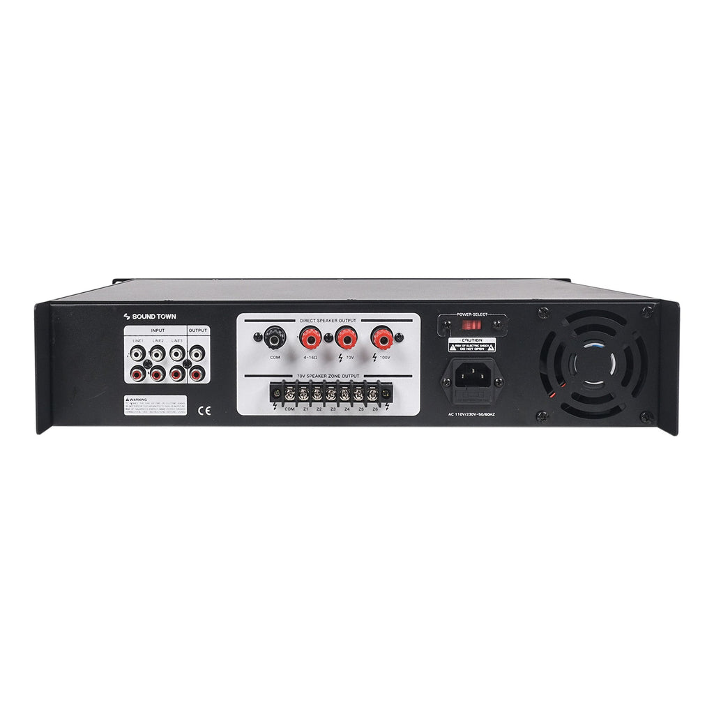 Sound Town PAC180-6-R 180W 6-Zone 70V/100V Commercial Audio Power Amplifier with Bluetooth, Aluminum, for Restaurants, Lounges, Bars, Pubs, Schools and Warehouses, Refurbished - Back Panel, Inputs & Outputs