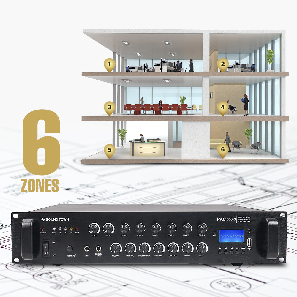 Sound Town PAC360-6-R 360W 6-Zone 70V/100V Commercial Power Amplifier with Bluetooth, Aluminum, for Restaurants, Lounges, Bars, Pubs, Schools and Warehouses, Refurbished - Independent Volume Controls