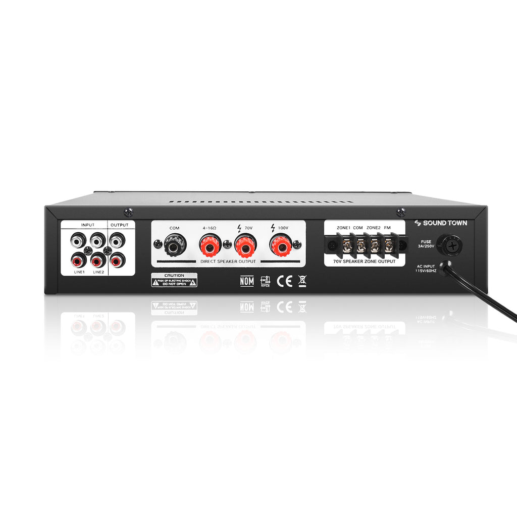 Sound Town PAC80-2 60W 2-Zone 70V/100V Commerical Power Amplifier with Bluetooth, Aluminum, for Restaurants, Lounges, Bars, Pubs, Schools and Warehouse - Back Panel