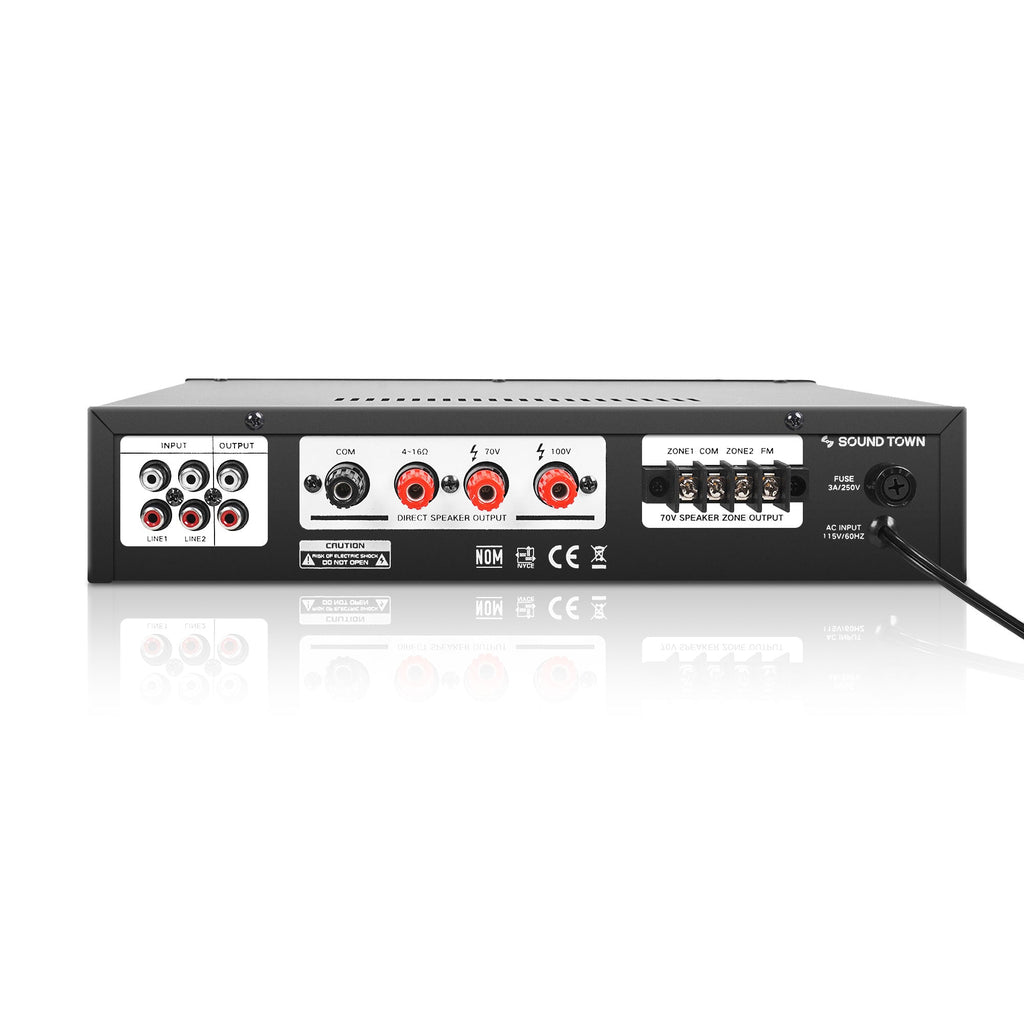 Sound Town PAC80-2-R 60W 2-Zone 70V/100V Commerical Power Amplifier with Bluetooth, Aluminum, for Restaurants, Lounges, Bars, Pubs, Schools and Warehouse, Refurbished - Back Panel