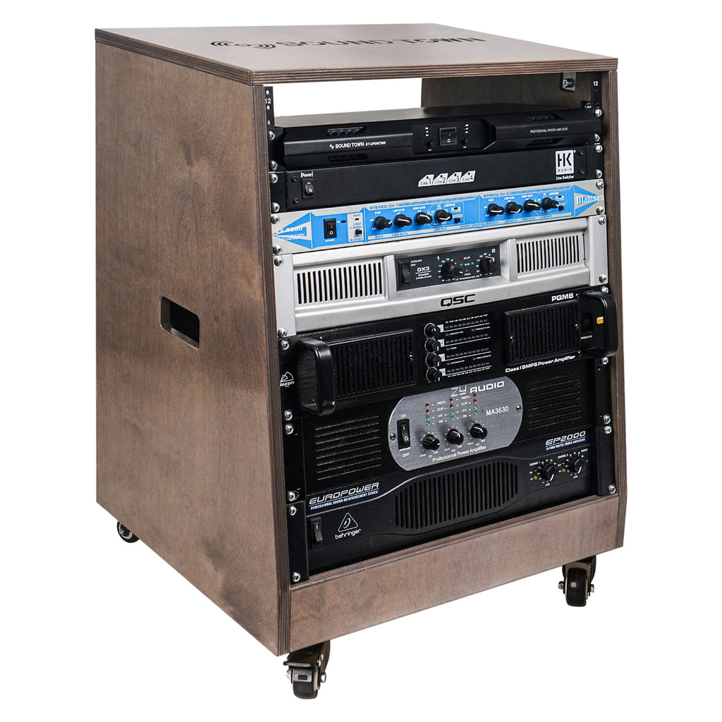 Sound Town SDRK-12TB 12U (12 Space) DIY Slanted Studio Equipment Rack, Plywood, Weathered Brown w/ Rubber Feet, Casters, for Recording Room, PA/DJ Pro Audio for Power Amplifier, Crossover, Sequence Controller Display, Line Switcher, Microphone Systems, PA, Home Recording