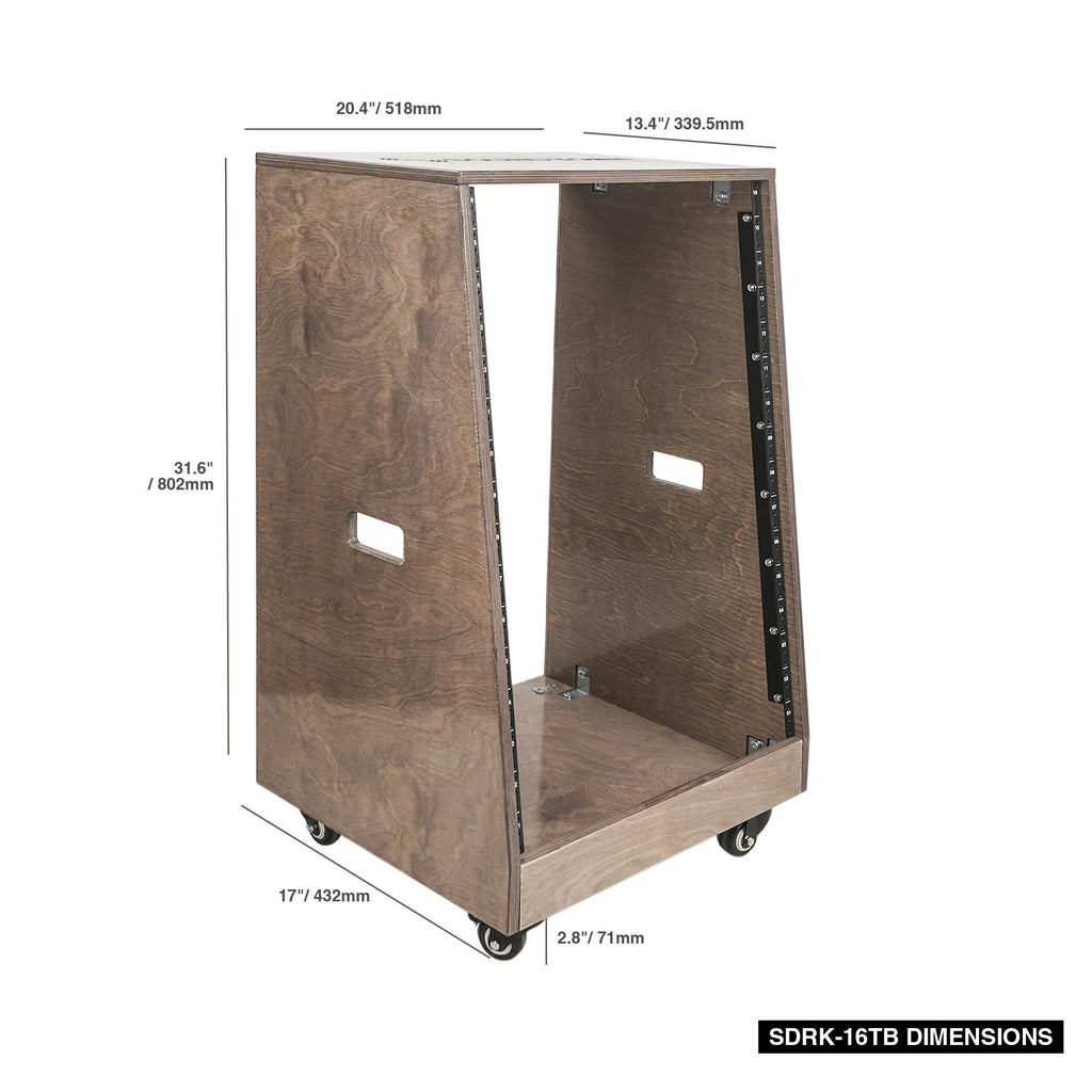 Sound Town SDRK-16TB DIY Slanted 16U Studio Rack, Plywood, Weathered Gray, Rubber Feet, Casters - Size and Dimensions