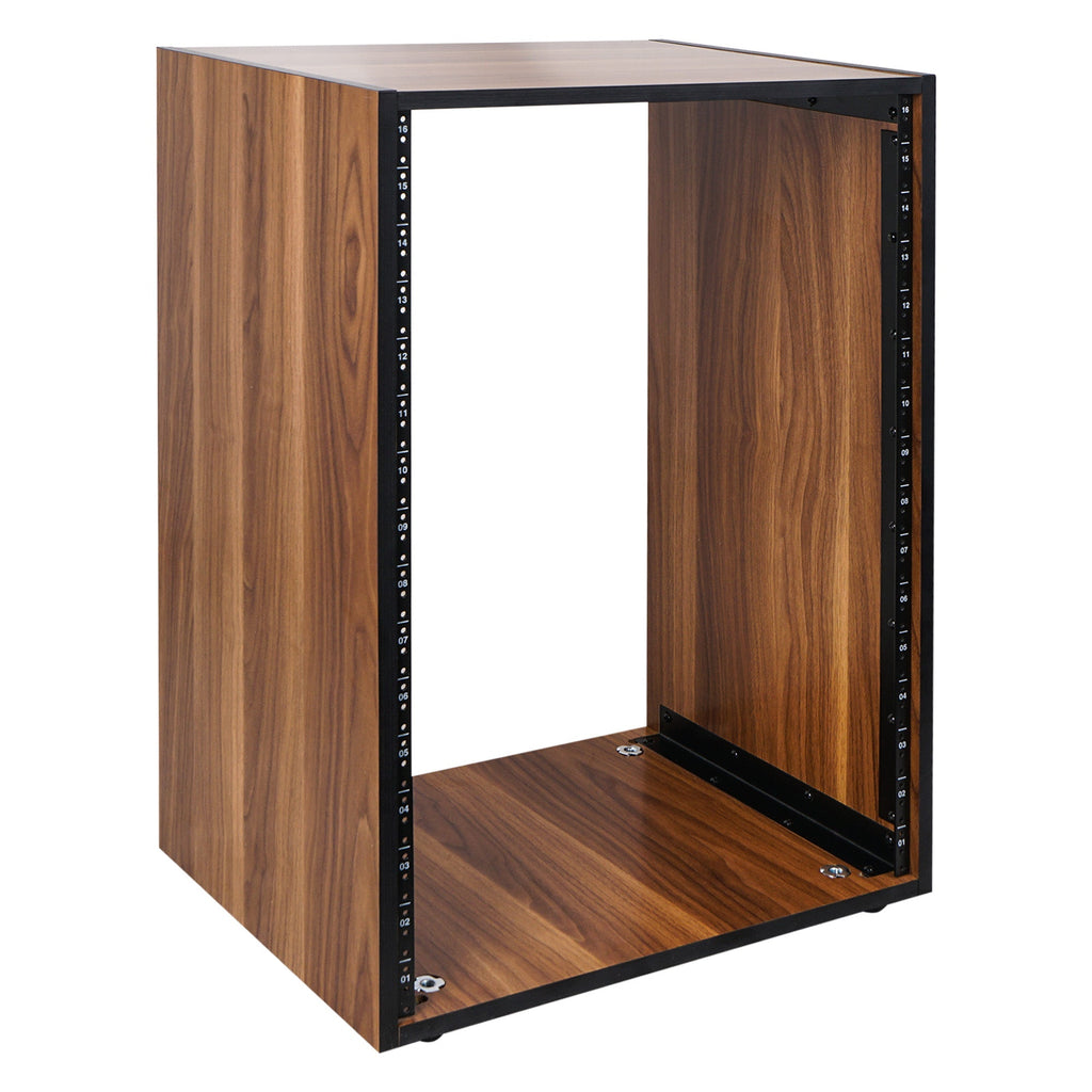 Sound Town SDRK-16WN-R 16U (16-Space) Studio Equipment Rack with Furniture Grade Walnut Laminate, Rubber Feet, Casters, for Recording Room, PA/DJ Pro Audio, DIY, Refurbished - Modern Wood Design with Black Rack Rails