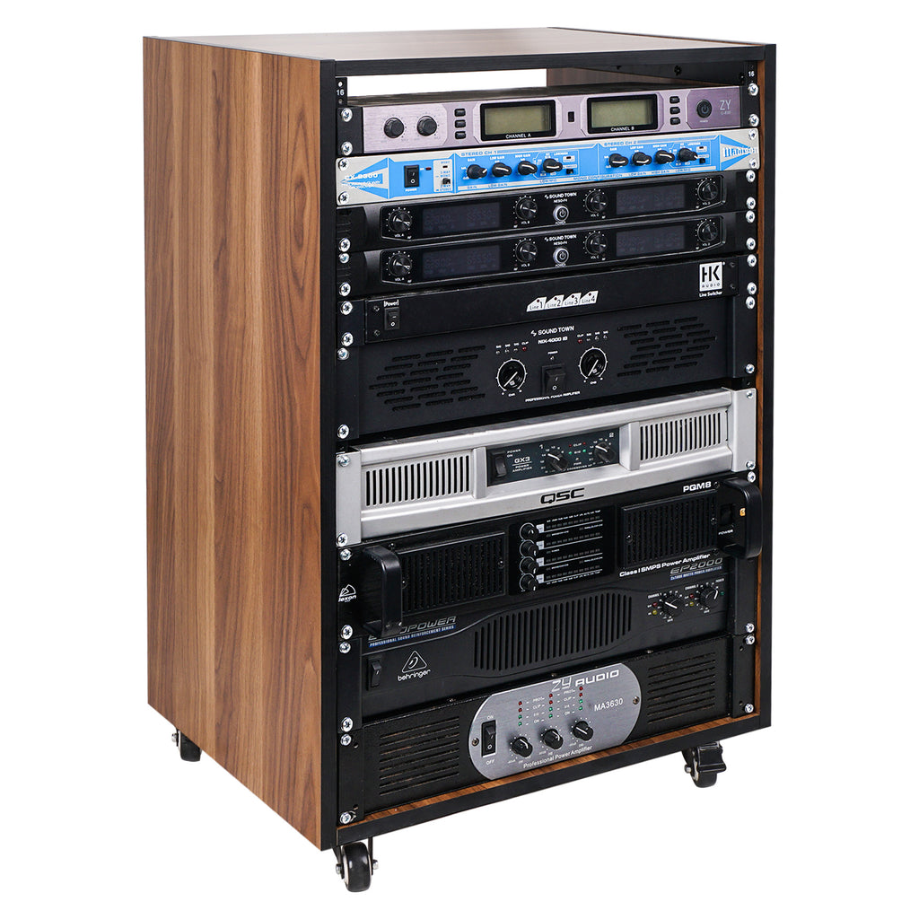 Sound Town SDRK-16WN 16U (16-Space) Studio Equipment Rack with Furniture Grade Walnut Laminate, Rubber Feet, Casters, for Recording Room, PA/DJ Pro Audio, DIY, for Crossover, Line Switcher, Amplifier, Microphone System, Rack Mountable Device Organization