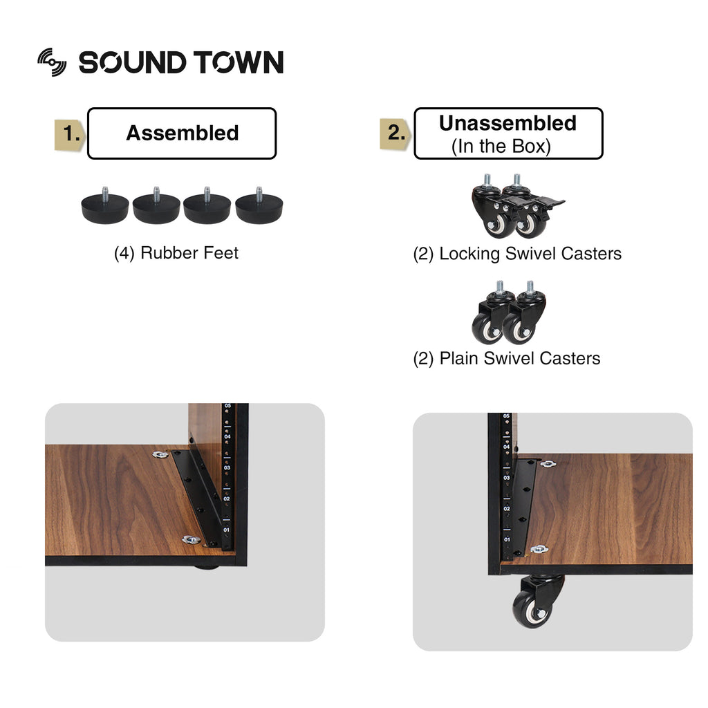 Sound Town SDRK-20UWN DIY 20U Space Studio Equipment Rack w/ Furniture Grade Walnut Laminate, Rubber Feet, Casters - rubber feet bumpers, locking and plain swivel casters
