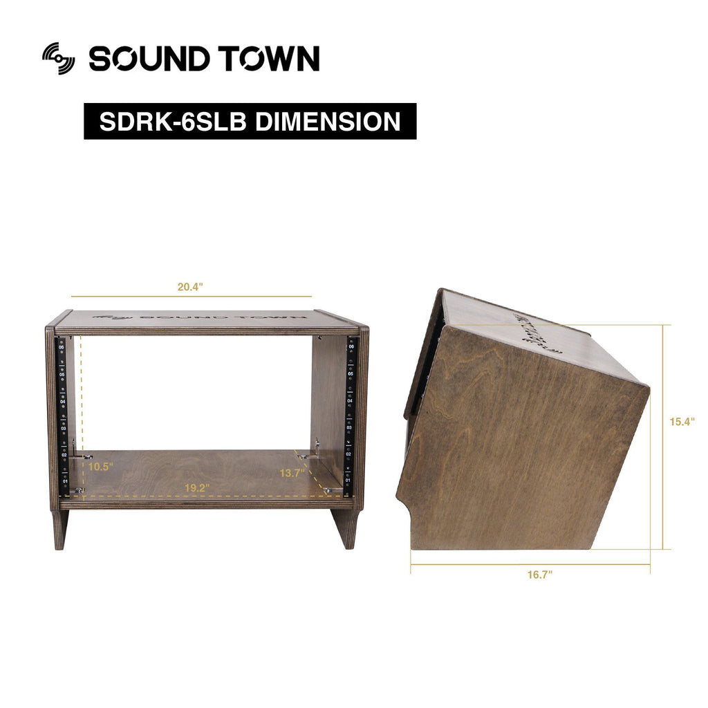 Sound Town SDRK-6SLB-R | Refurbished:  6U (6-Space) Baltic Birch Plywood Angled Desktop Turret Studio Equipment Rack, for Recording Room, PA/DJ Pro Audio, Home Audio, Weathered Brown, Internal & External Size and Dimensions