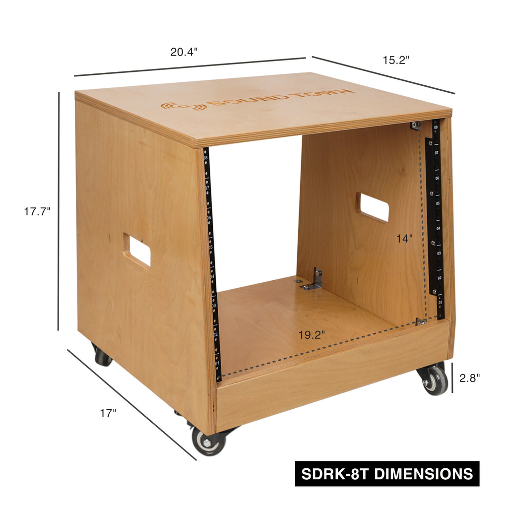 Sound Town SDRK-8T 8U Space DIY Slanted Studio Equipment Rack w/ Golden Oak Plywood, Casters/Wheels, for Recording Room, PA/DJ Pro Audio - Size and DImensions