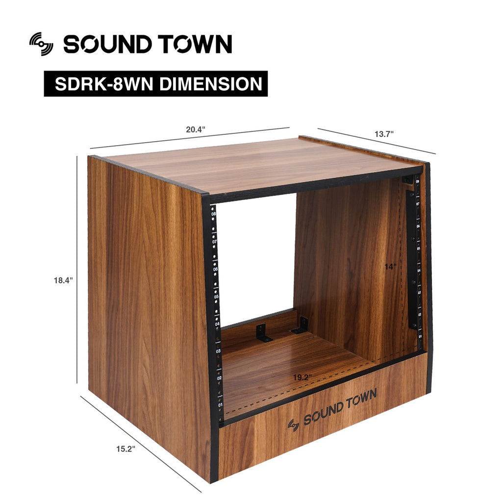 Sound Town SDRK-8WN 8U (8-Space) DIY Recording Studio Equipment Rack with Furniture Grade Walnut Laminate, Size and Dimensions